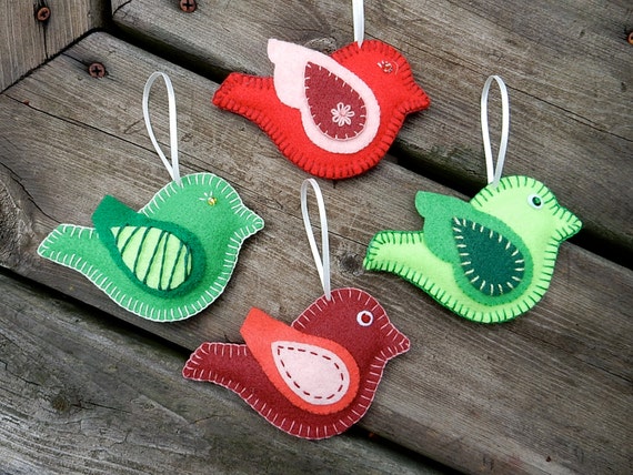 Set Of 4 Felt Bird Christmas Ornaments Hand By Snappybirdcrafts 0389