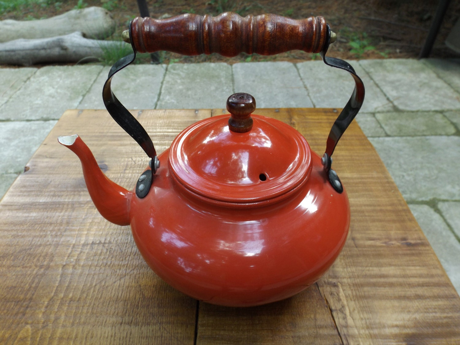 Red enamel teapot by TillysFinds on Etsy