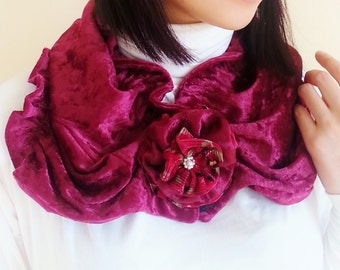 Maroon Stretch Velvet Fashion Scarf with Flower