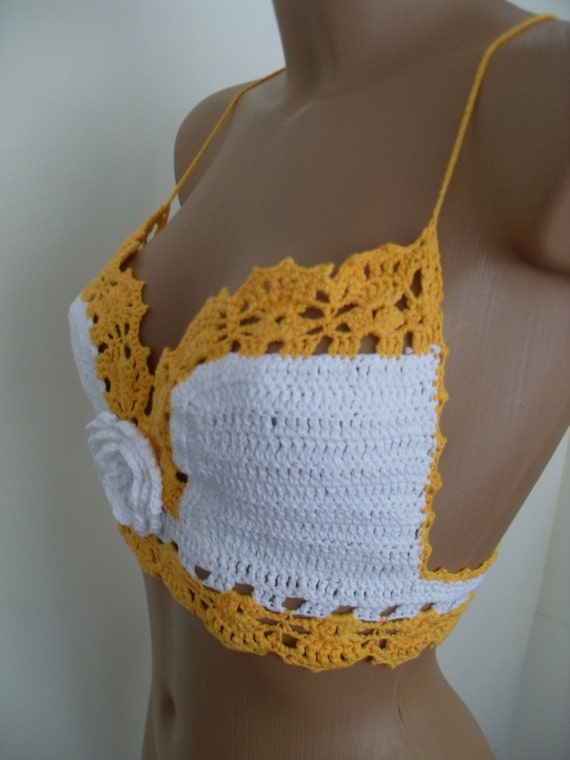 Items similar to sexi crochet top, yellow bustier lase SALE20 on Etsy