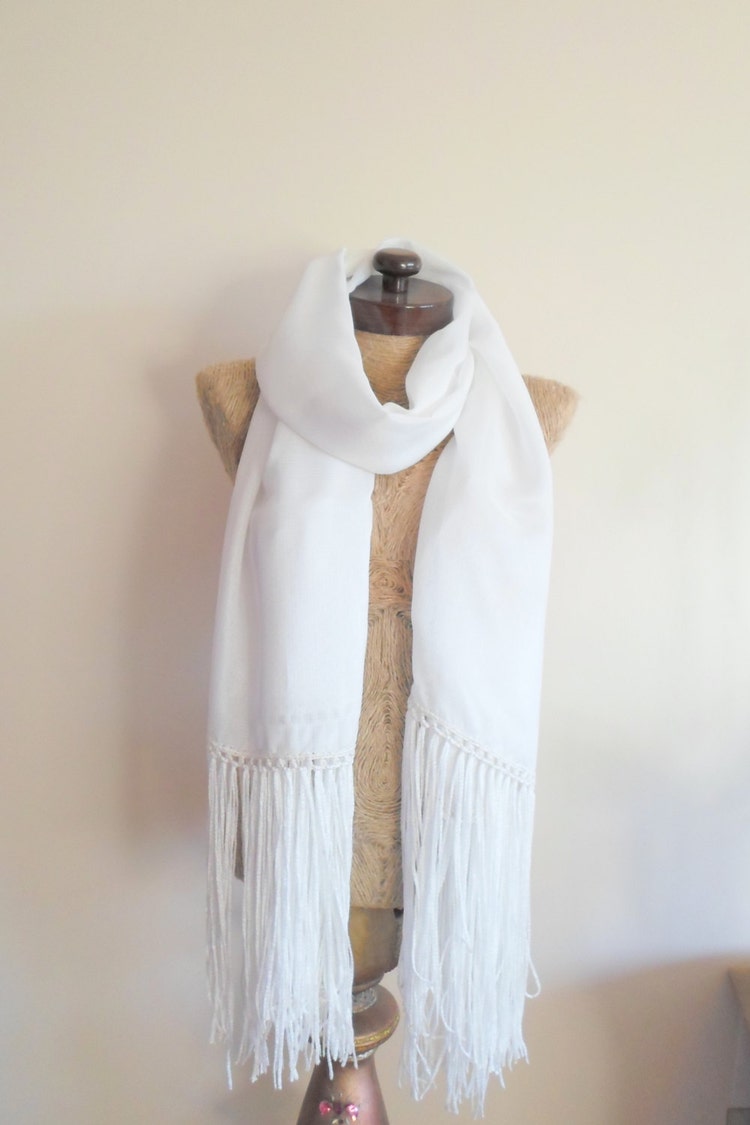 Fringed Scarf white long wrap scarf Unique scarf by AtlasScarf