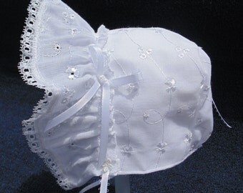 New Handmade Cotton Eyelet Baby Bonnet White, Pink, or Blue.