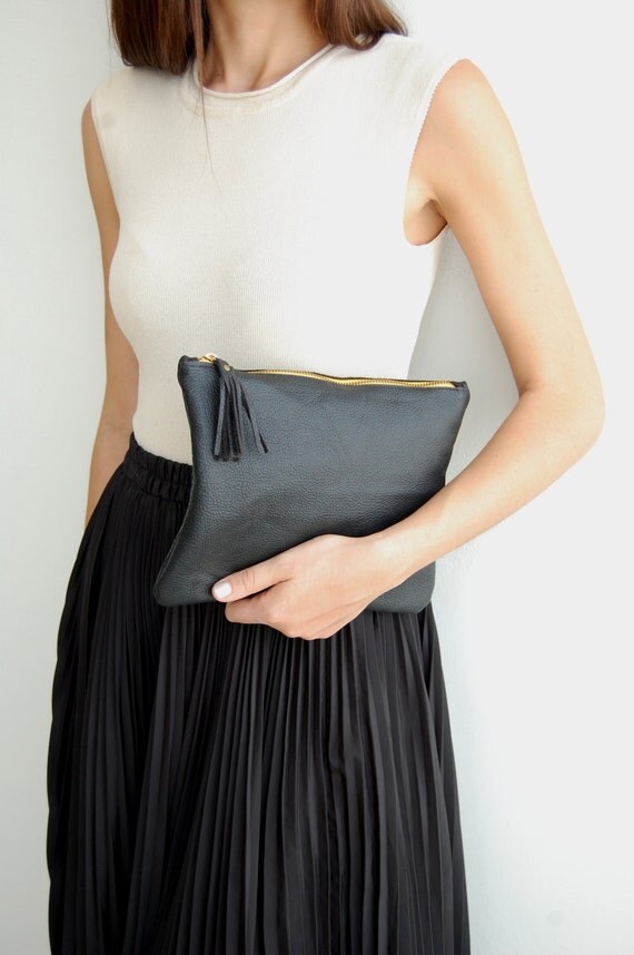 Black leather clutch, clutch for women, leather evening bag, leather