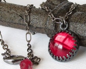 Ruby Red Crystal Neckace, Gothic Vintage Swarovski Red Cabochon Crystal Pendant, Gunmetal Black Chain