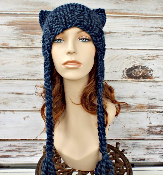 Knit Hat Womens Hat Braided Ties Ear Flap Cat Hat in Mixed