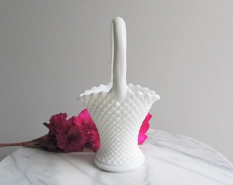 Vintage Milk Glass Basket, English Hobnail Basket, Flower Basket, Wedding Basket,Westmoreland Glass