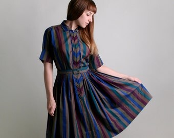 Vintage 1950s Dress - Striped Chevron Dark Cotton Day Dress - Medium to Large