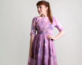 Vintage 1950s Dress - Floral Print Radiant Orchid Sheer Chiffon Party Dress - XS Small