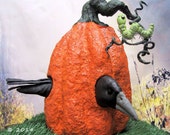 Large Paper Mache Pumpkin with Crow  Doll and Worm