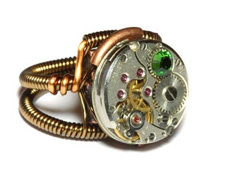 Steampunk ring, Steampunk Jewelry - Watch Movement Steampunk Ring with fern green crystal