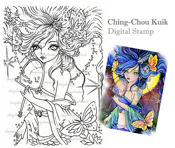 Butterfly Enchantress - Digital Stamp Instant Download / Fantasy Kimono Mermaid Art by Ching-Chou Kuik