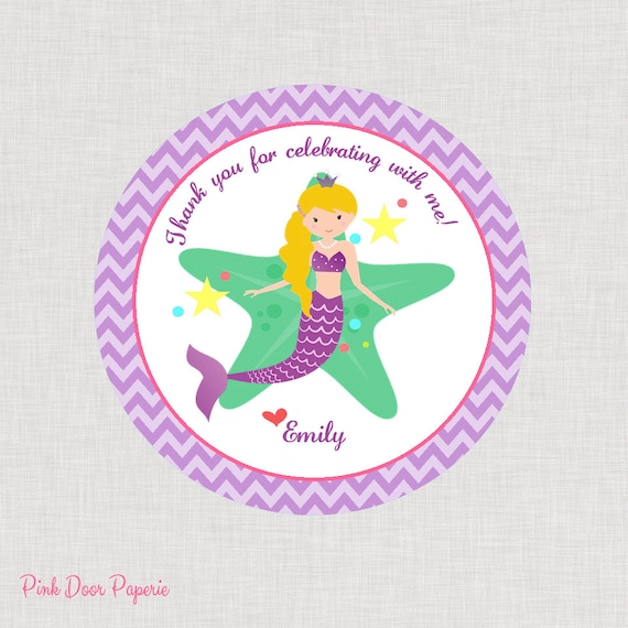 Mermaid Happy Birthday Favor Tags or Stickers Printable File PDF Purple Blonde Hair Il_570xn