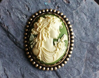 Irish green cameo brooch, antique brass brooch, victorian brooch, green brooch, holiday gift ideas, gift idea for mom, unique Christmas gift