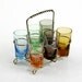 Mid Century Jewel Tone Blown Glass Shot Glasses with Caddy