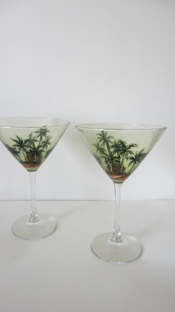 2 Hand Painted Palm Tree Martini Glasses