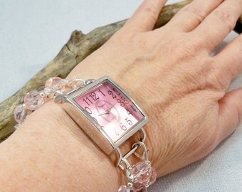 Pink Interchangeable Band and Watch, Chunky Cowgirl Jewelry, Beaded Watch Band, Silver Horseshoe Beads, Stretch Band Watch, Watch Bracelet