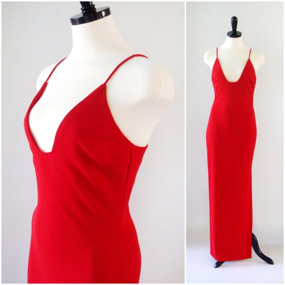 Low Cut Red Dress With Side Slit by Hugo Buscati Full Length