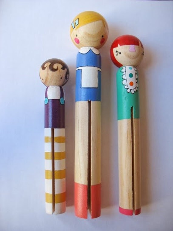 Items similar to Wooden folk art giant round clothespin dolls... three little girls on Etsy