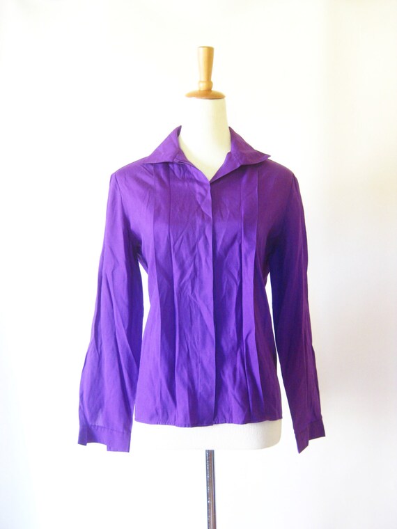 SALE Purple Silk Blouse 1970s Silk Blend Royal Purple Womens