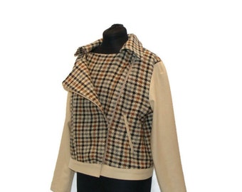 OOAK Wool color Block MotorCycle Style Jacket Wool Motorcycle Jacket Motorcycle Style Jacket Plaid Jackets For Women Wool Jacket Womens