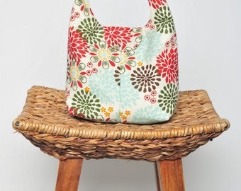 Insulated Lunch Bag Eco Friendly - Floral Deep Red Moss Green Robin Egg Blue