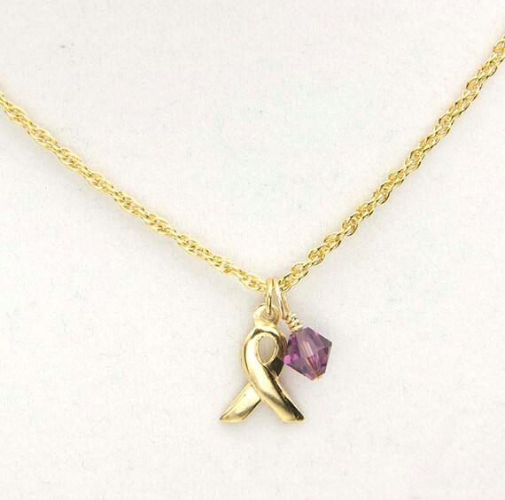 Gold Awareness Ribbon Necklace Purple Crystal Pendant by Jularee