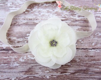 Flower Headband - Ivory Flower w/ Rhinestones Headband or Hair Clip - The Mia - Baptism, Christening, Baby Toddler Child Girls Headband