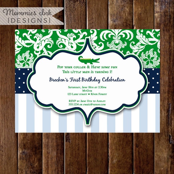 Alligator Invitation, Alligator Birthday Party, Gator Party, Boy Birthday, 1st Birthday, Alligator Party, Preppy Invitation, Preppy Gator Il_570xn