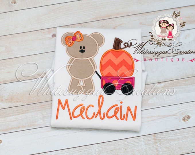 Halloween Personalized Girly Bear with Pumpkin Wagon Shirt - Custom Shirt for Girls - Halloween Shirt - Holiday Outfit