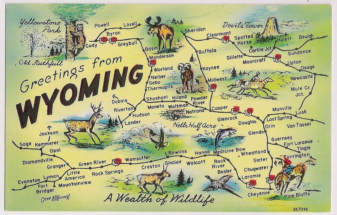 Retro Wyoming State Tourist Map Vintage Postcard Souvenir