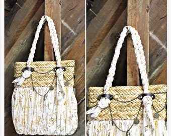 SALE /// Circa 80's Paisley Straw Accent Knot-Strap Gypsy Tote Bag
