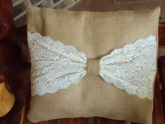 Burlap & Antique White Lace Pillow Rustic Wedding Decorative