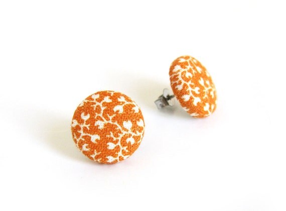 Orange button earrings  orange stud earrings  by KooKooCraft