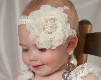Baby Headbands, Ivory Baby Headband,Flower Headband,Baby Girl Headband,Infant headband, Newborn Headband, Shabby Chic Headband, Baby Bows.