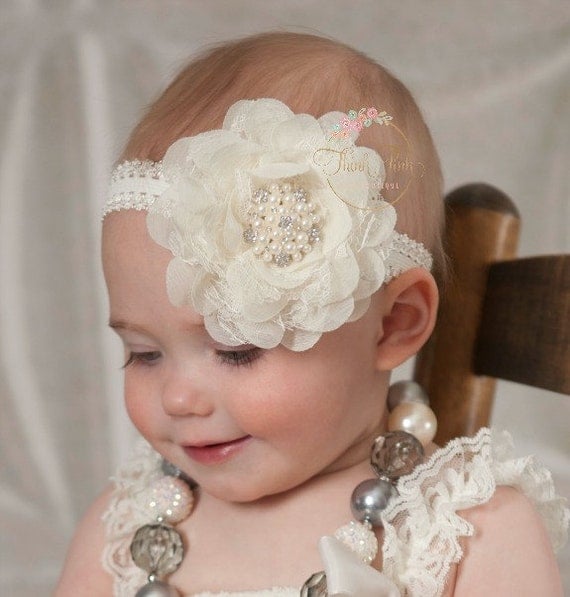 Baby Headbands, Ivory Baby Headband,Flower Headband,Baby Girl Headband,Infant headband, Newborn Headband, Shabby Chic Headband, Baby Bows. by ThinkPinkBows