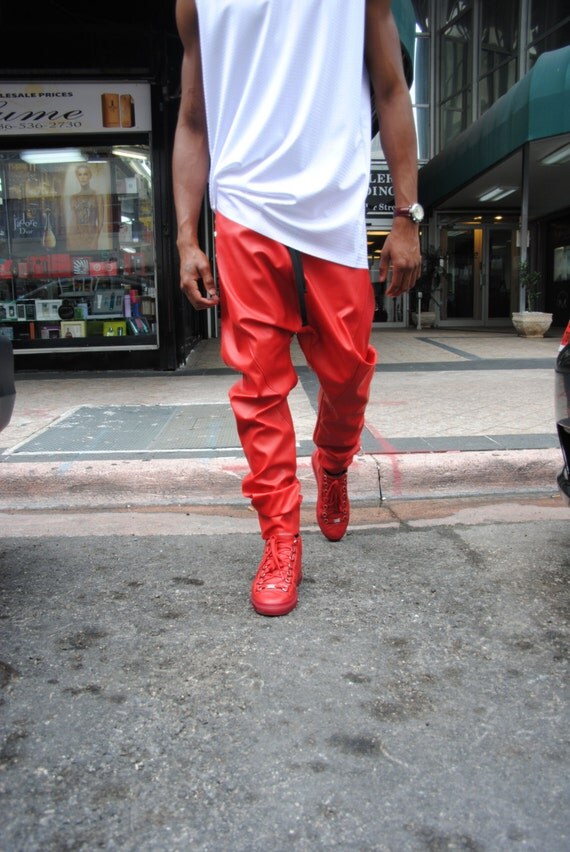 red leather joggers