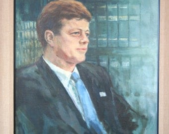 Very Large Vintage JFK Oil Portrait: Framed Painting