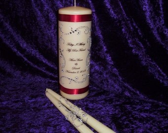 Three Piece Personalized Unity Candle set made with a swirl design of rhinestones with deep red ribbon