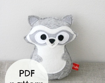 Raccoon felt toy, plush, forest animal, PDF pattern, sewing pattern