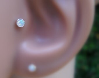 Tragus Piercing - Nose Ring Stud - Cartilage Earring - Sterling Silver 3 mm White Opal Tragus Stud Earring
