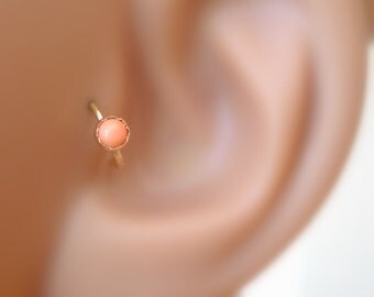 Tragus Earring - Helix Earring - Nose Ring Hoop - Cartilage Earring - 14K Yellow Gold Filled 3mm Pink Coral 7mm Inner Diameter Tragus Hoop
