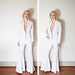 Vintage 1970s JUMPSUIT - White Bell Bottom Embellished Zip Up Rocker Cat Suit 70s - 80s - Small