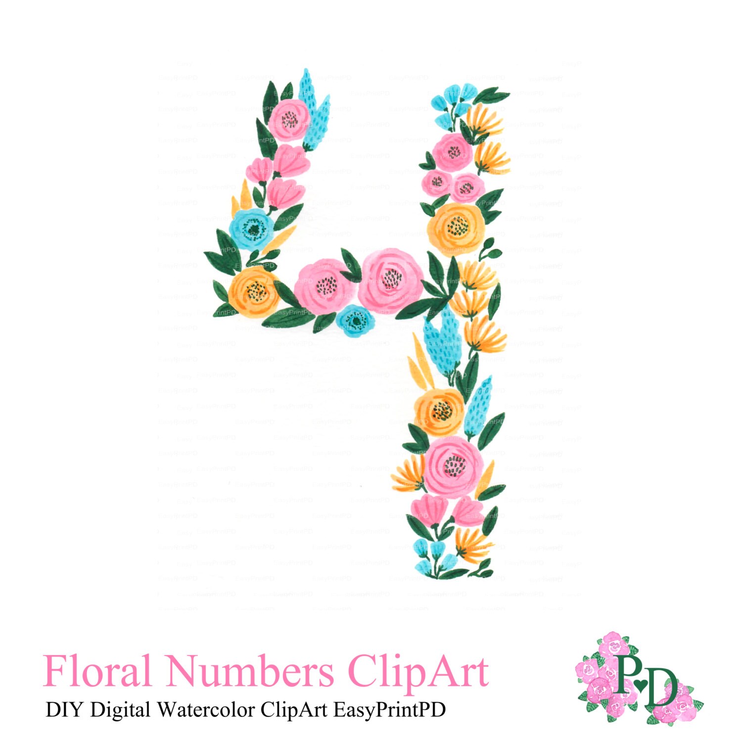 floral numbers print watercolor clipart 4th home decor