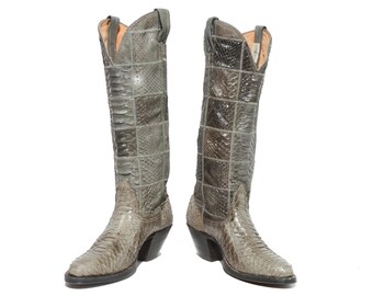 5 B | Women's Nocona Full Snakeskin Cowboy Boots Patchwork Stitch Grey Reptilian Country Western Boots
