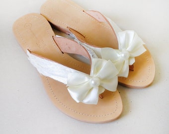 Sandals - Handmade leather sandals with off white lace ...