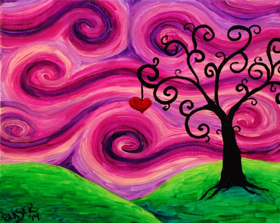 Heart Tree Original Painting Abstract ART Pink Green 8x10 acrylic canvas