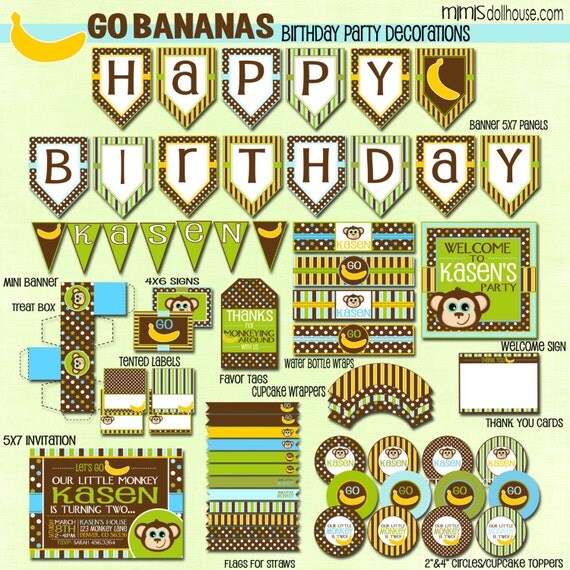 Monkey Party Decorations- Printable Monkey Birthday Party Decorations- Monkey Birthday Party PDF/JPEG Il_570xn