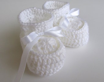 White Baby Booties with White Satin Ribbon for 0 to 3 Month Infant Boys and Girls