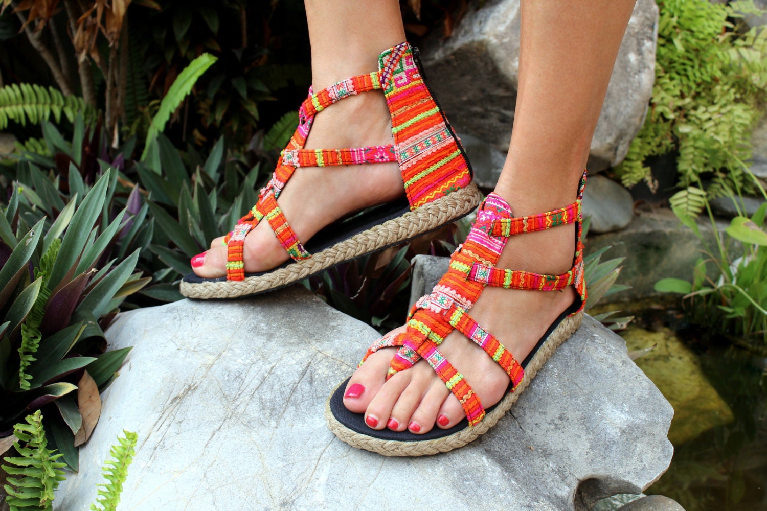 Boho Womens Gladiator Sandals In Bright Orange Hmong