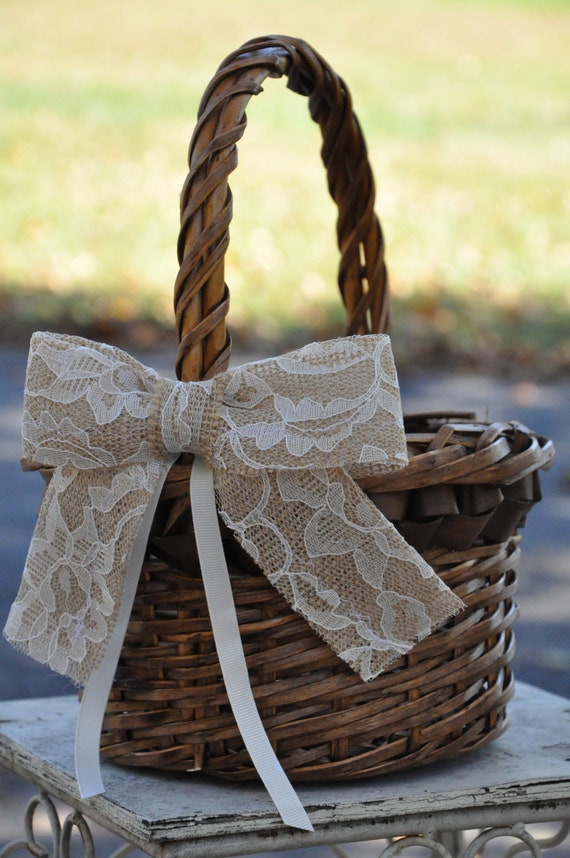 Burlap and Lace Flower Girl Basket READY TO SHIP Rustic